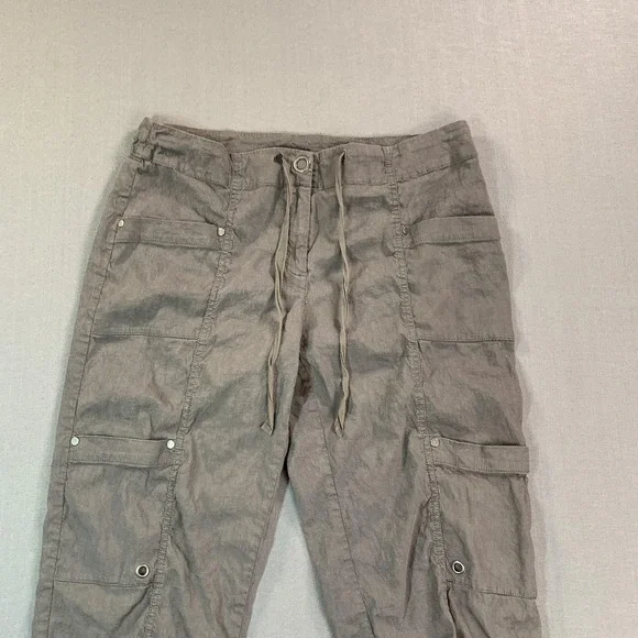 Eileen Fisher Pant Women 8 Gray Linen Cargo Taper Ankle Drawstring Stretch 32x24 - Picture 3 of 15